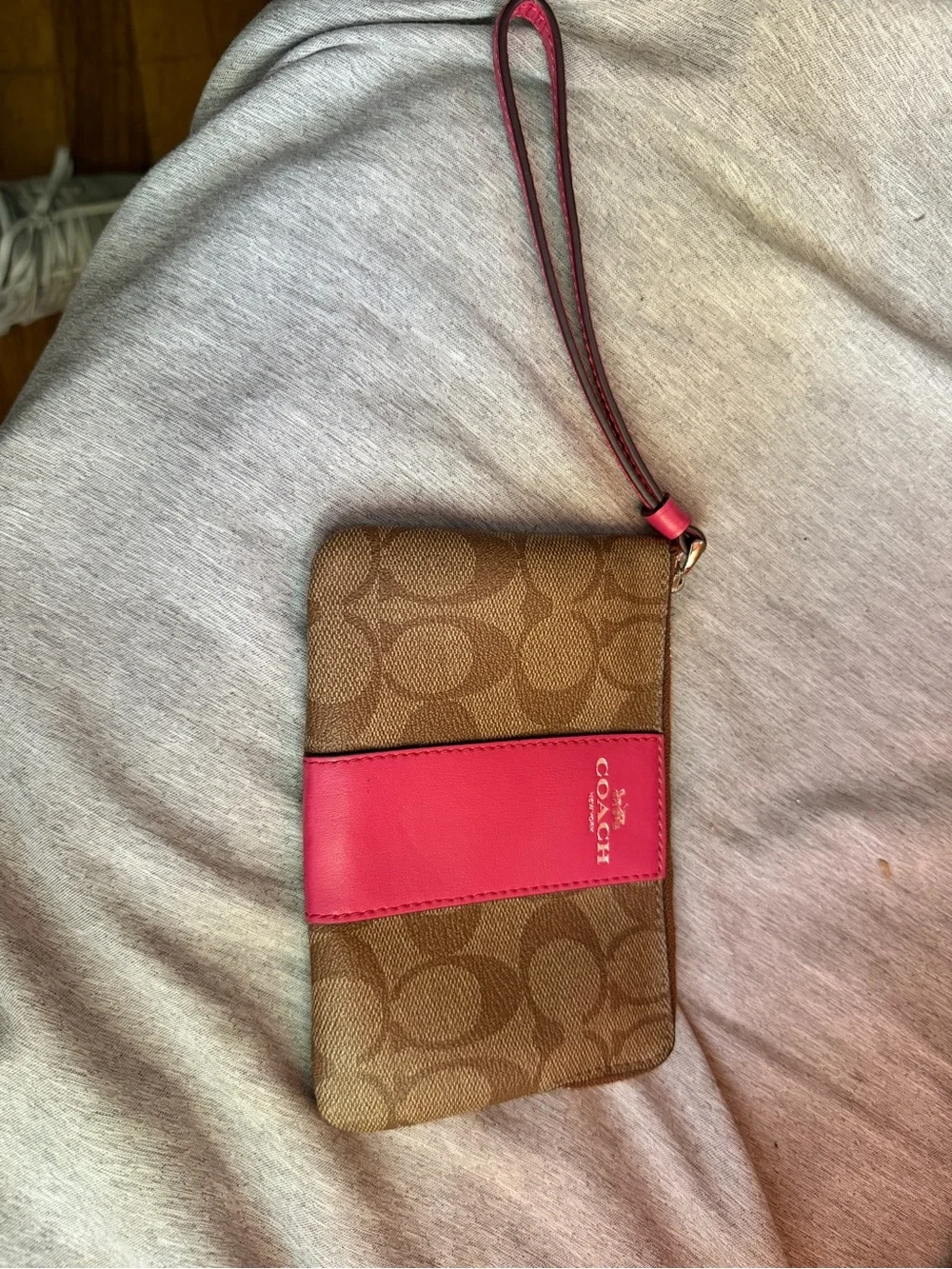 Coach Brown Signature Canvas Wristlet with Pink Leather Trim